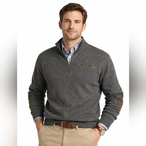 Cabelas Wool Mock Neck Sweater Elbow Patch 1/2 Zip Windstopper Men's Large Tall